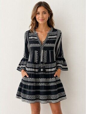 Elan Black White Boho Embroidered Cotton Tunic Dress L Bell Sleeve Peasant